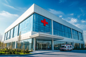 Ambulance waiting outside a modern hospital