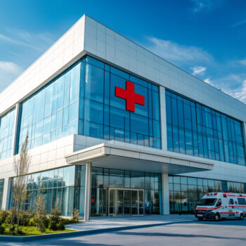 Ambulance waiting outside a modern hospital