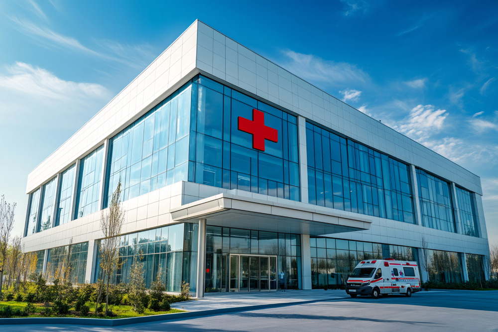 Ambulance waiting outside a modern hospital