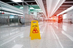 Caution wet floor sign in subway station