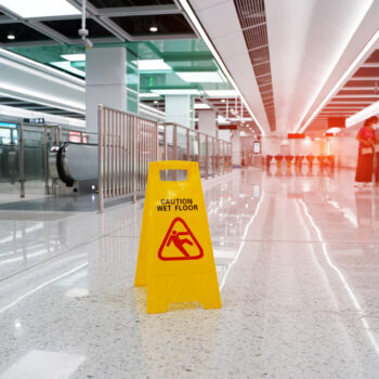 Caution wet floor sign in subway station