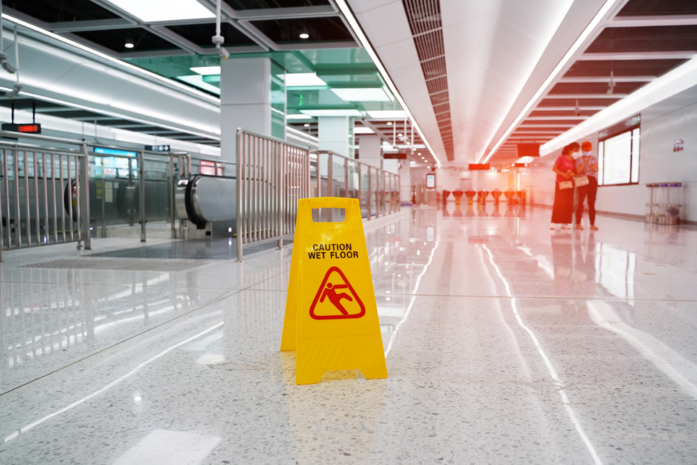 Caution wet floor sign in subway station