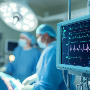 Focused medical team in surgical attire monitors