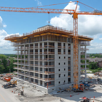 High rise building under construction with crane