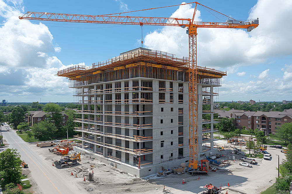 High rise building under construction with crane