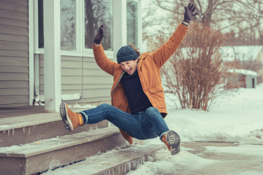 Person humorously slips on icy porch steps during a winter day