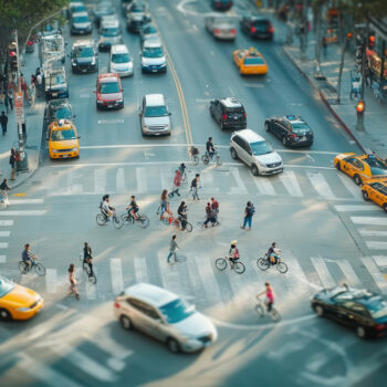 busy urban intersection with cars, bikes, and pedestrians