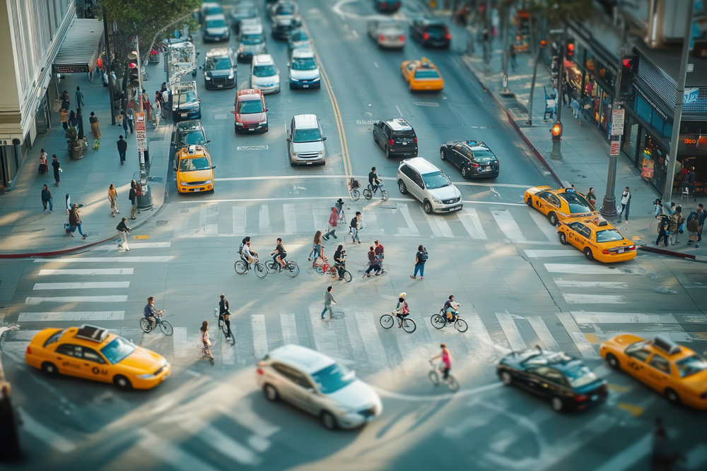 busy urban intersection with cars, bikes, and pedestrians