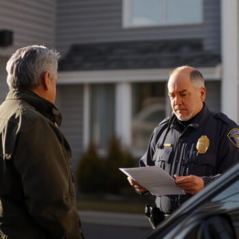 police officer speaks with a man