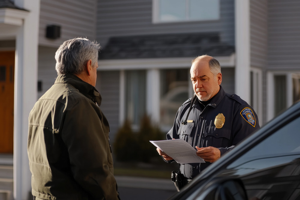 police officer speaks with a man